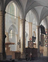 Das Innere der Grote Kerk in Dordrecht, mit Figuren, die sich unterhalten, und spielenden Kindern