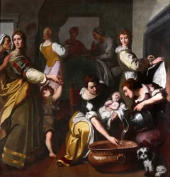 Leben der Jungfrau Maria: „Die Geburt Mariens“ Gemälde von Daniele Crespi (1598-1630) 17. Jahrhundert Museo della Basilica di Santa Maria Assunta, Gallarate, Italien