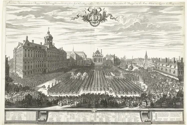 Schützen auf dem Dam während der Amsterdamer Kirmes, 1686