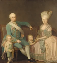 Porträt einer Familiengruppe, vermutlich Engel Ernst von Schack, seine Frau Mette Pauline von Schack, geb. Rosenorn, und ihre Kinder