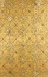 Ein Deckenpaneel mit wiederholtem abstraktem Blattmuster in Olivgrün, Ocker, Rot und Gelb, ca. 1893