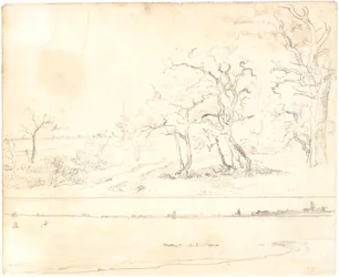 Eine Küste bewachsen mit dichtem Wald, im Hintergrund eine Stadt. Unten: Studie zum selben Bild