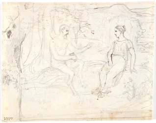 Ein Satyr mit Flöte und ein junges Mädchen, sitzend im Wald