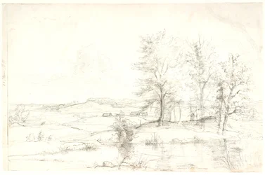 Aussicht über eine hügelige Waldlandschaft. Im Vordergrund ein See