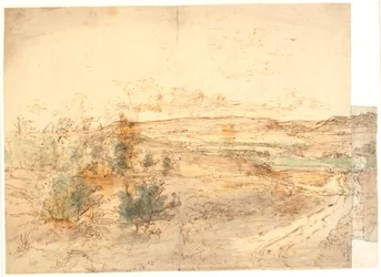 Weite Aussicht über eine Landschaft mit großen Hügeln um einen Wiesenbach. Westfünen?