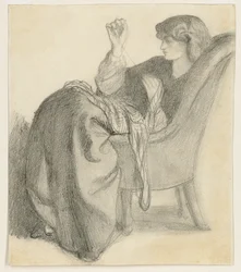 Lachesis: Studie von Jane Morris, die in einem Stuhl näht, 1860er
