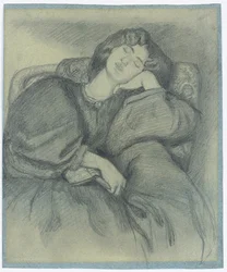 Studie von Jane Morris, die in einem gepolsterten Sessel schläft