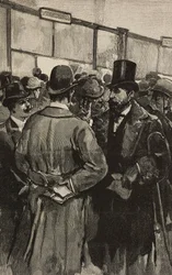 Bankschalter während des Skandals der Römischen Bank (Banca Romana), Rom, Italien (Stich nach Zeichnung von Dante Paolocci, aus L