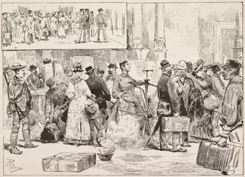 Desinfektion gegen Cholera am Bahnhof, Lehrling auf Velociped, Rom, Italien