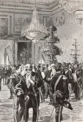 Italienische Politiker und Offiziere feiern Silvester im Quirinalspalast, Rom, Italien, Gravur von Centenari nach einer Zeichnung von Dante Paolocci, aus L