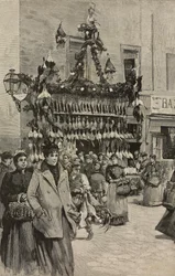 Geflügelladen in Rom zu Weihnachten, Italien, Gravur nach einer Zeichnung von Dante Paolocci, aus L