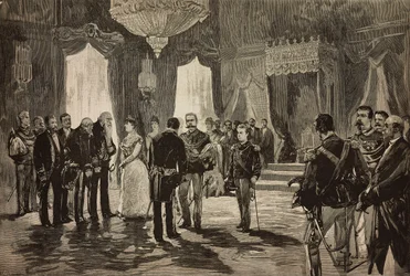 Prinz von Neapel, Alfonso Maria Giuseppe Alberto von Bourbon-Zwei Sizilien in Unterleutnantsuniform, bei Neujahrsempfang im Quirinal, Italien (Stich nach Zeichnung von Dante Paolocci, aus L