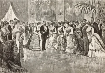 Umberto I (1844-1900), König von Italien, und seine Frau Margherita von Savoyen (1851-1926) auf einem Ball im Quirinalspalast, Rom, Italien