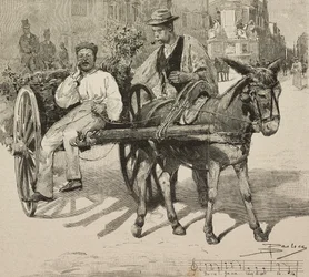 Wasserverkäufer (Acquarolo), der Wasser aus dem Acetosa-Brunnen in den Straßen von Rom verkauft (Stich nach einer Zeichnung von Dante Paolocci)