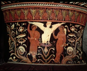Apulischer rotfiguriger Volutenkrater, Detail des Halses, der Ödipus und die Sphinx darstellt