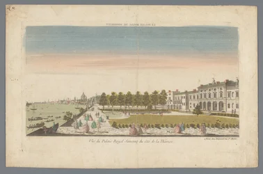 Ansicht von Somerset House vom Ufer der Themse mit London im Hintergrund