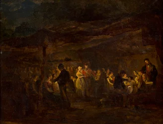 Ein Abendbankett, Soldaten vor einer Burg (Öl auf Holztafel)