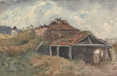 Landschaft mit zwei Figuren neben einem alten Gebäude