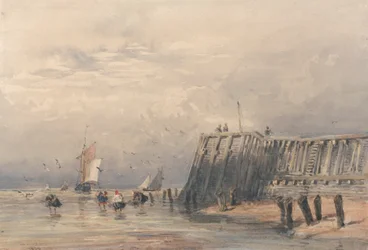 Segelbarken und Garnelenfischer vor einem Pier
