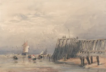 Segelbarken und Garnelenfischer vor einem Pier