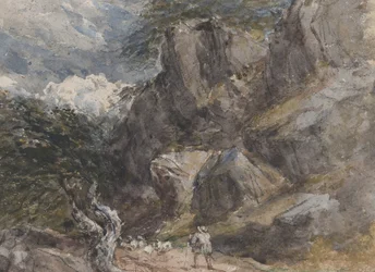 Schafe treiben in einer felsigen Landschaft, ca. 1846