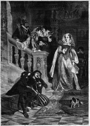 Erstes Treffen der Königin von Schottland Marie I. Stuart (1542-1587) mit David Rizzio - Gravur nach dem Gemälde von David Dalhoff Neal