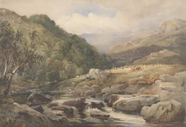 Landschaft mit Bach und Heuarbeitern