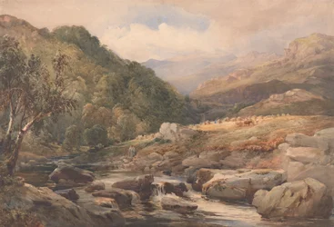 Landschaft mit Bach und Heuarbeitern