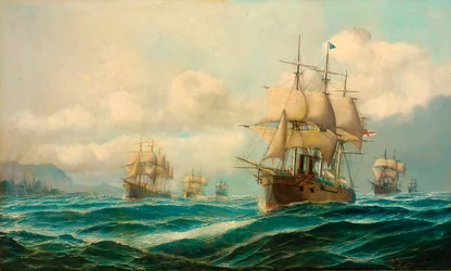 Das Geschwader von Vizeadmiral Phipps Hornby dampft auf dem Weg nach Konstantinopel durch die Dardanellen, Februar 1878