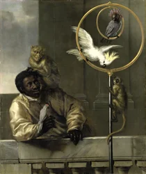 Schwarzer Mann mit Papageien und Affen, 1670
