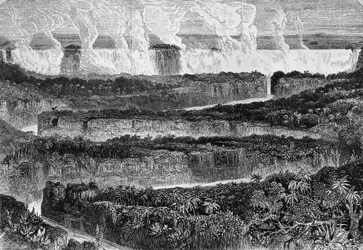 Blick auf die großen Katarakte des Sambesi, bekannt als Mosi-oa-Tunya oder Victoriafälle, Sambia, Kupferstich aus Erzählung der Expedition zum Sambesi und seinen Nebenflüssen, von David Livingstone und Charles Livingstone, London