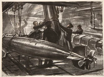 Im überfluteten Torpedoraum eines Schlachtschiffs, Illustration aus 