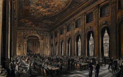 Offiziere speisen in der bemalten Halle (im Royal Hospital in Greenwich, England, für Marine-Rentner) während des Zweiten Weltkriegs (1939-1945)