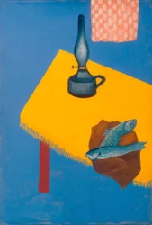 Stilleben mit Lampe und Heringen