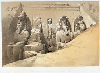 Vorderansicht des großen Tempels von Abu Simbel, Nubien in „Das Heilige Land“, London 1849
