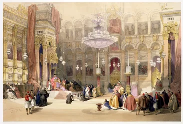 Griechische Grabeskirche, Jerusalem, 11. April 1839, Tafel 4 aus Band I von „Das Heilige Land“, gestochen von Louis Haghe (1806-85), veröffentlicht 1842