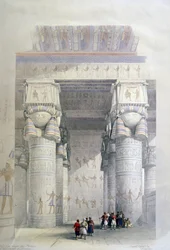 Blick unter dem Portikus des Tempels von Dendera, um 1839