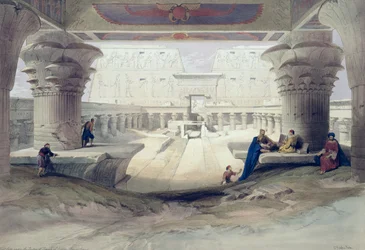 Blick unter dem Portikus des Tempels von Edfu, Oberägypten, Tafel 32 aus Band I von Ägypten und Nubien, gestochen von Louis Haghe, veröffentlicht 1846