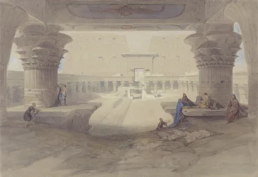 Blick unter dem Portikus des Tempels von Edfu, Oberägypten