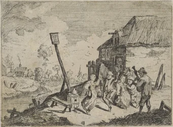 Tanzende Bauern bei einem Gasthaus