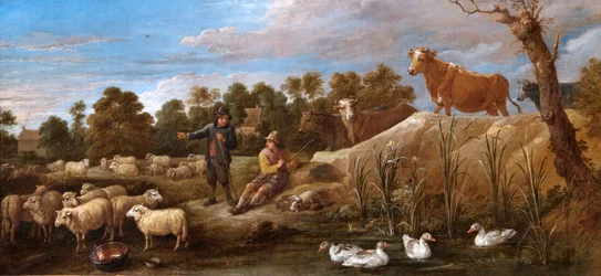 Landschaft mit zwei Hirten, Vieh und Enten, 17. Jahrhundert