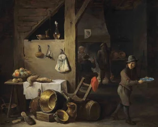 Eine Kücheninterieur mit einem Jungen und drei Personen, die trinken und rauchen