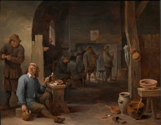 Das Innere eines Gasthauses mit Bauern, die an einem Tisch rauchen und sich vor einem Feuer unterhalten