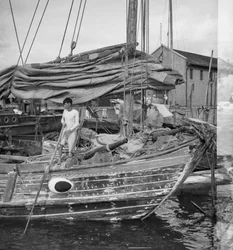 Nahaufnahme des Steuerbordbugs eines Swatow-Händlerschiffs in Kowloon, Hongkong