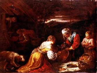 Bauern bereiten Essen vor einer Hütte zu, eine weite Landschaft dahinter
