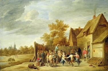 Bauern tanzen vor einem Gasthaus