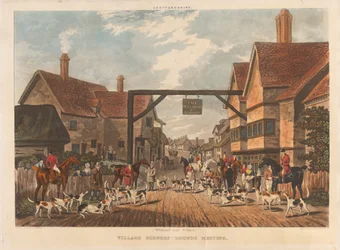 Fuchsjagd, Satz von vier: Hertfordshire. 1. (Whitewell bei Welwyn) / Dorfszenerie - Hunde treffen sich