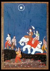 Ein indischer Prinz auf einem weißen Elefanten, Illustration des musikalischen Modus Deepak Raga, frühes 19. Jahrhundert