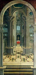 Perspektive gemalt von Defendente Ferrari (1480 oder 1485-1540), auf dem hinteren Teil des Chors aus dem 16. Jahrhundert, Kirche des Heiligen Hieronymus, Biella, Italien
