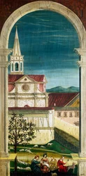 Perspektive gemalt von Defendente Ferrari (1480 oder 1485-1540), auf dem hinteren Teil des Chors aus dem 16. Jahrhundert, Kirche des Heiligen Hieronymus, Biella, Italien